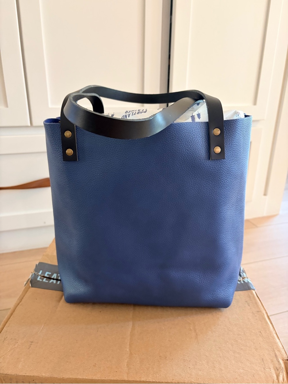 Portland Leather Light Blue Tote with Black Logo Plate - Picture 2 of 7